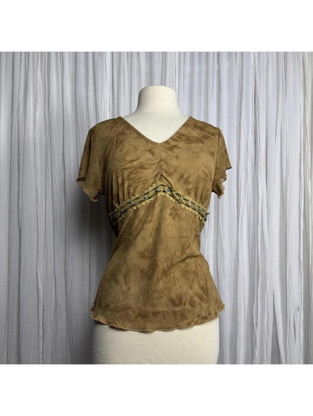 Vintage 90s Grunge Fairy Indie Boho Cottage Brown V-Neck Top (S)